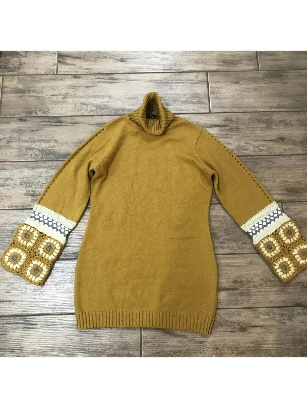 Lulus Crochet Granny Square Arm Sweater Dress‎ Mustard Yellow  Retro Size XL